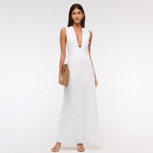 Abercrombie White Beaded Plunge Linen-Blend Maxi Dress Size L